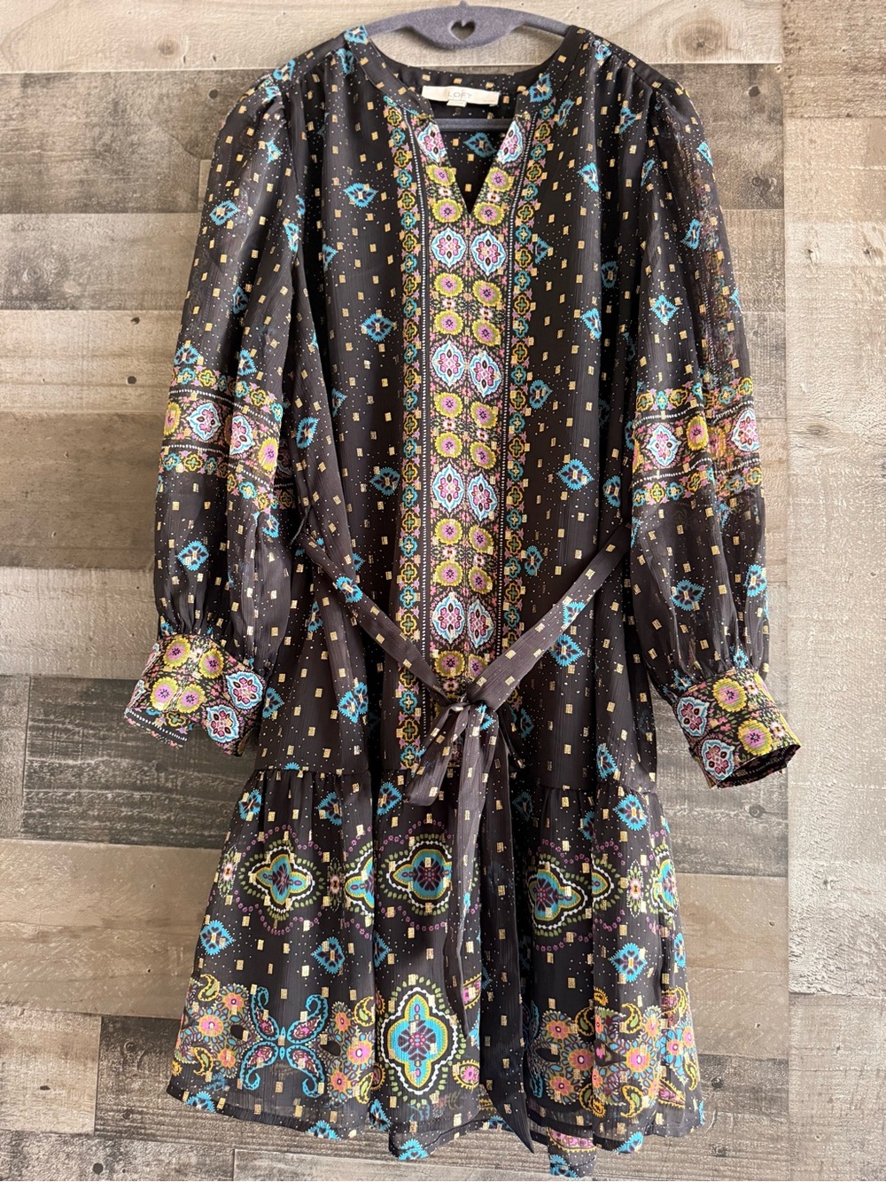 LOFT Black Printed Long-Sleeve Tiered Dress with Multicolor Medallion Print